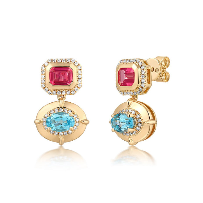 Blue & Pink Topaz on Yellow Gold Earrings