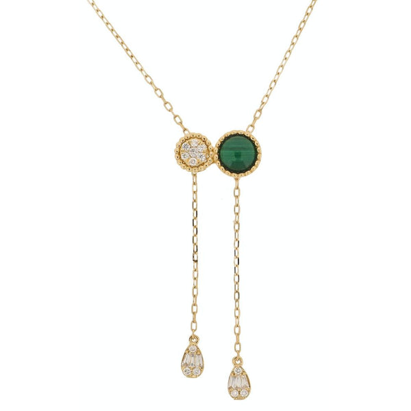 Malachite Circle & Diamond Drop Pendant with 18 K Yellow Gold Necklace. Carefully curated into the Modern Designs.   18K Yellow Gold: 4.039 grams TP: 0.22 ct Malachite: 1.71 ct Chain Size: 16"-18"