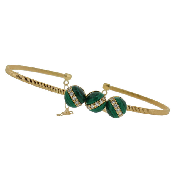 Malachite & Diamond Ball Cuff with 18K Yellow Gold Bracelets, use your favorite and wear every day. 18K Yellow Gold weight: 4.144 grams Diamond: 0.159 ct Malachite: 0.159 ct