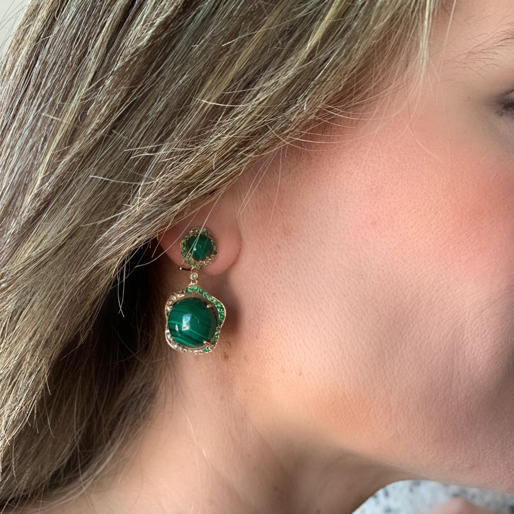 Malachite & Diamond Double Round Earrings with 14K Rose Gold. 