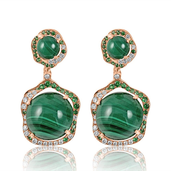 Malachite & Diamond Double Round Earrings with 14K Rose Gold.   14K Rose Gold weight: 5.15 grams 2 Diamond: 0.02 ct 34 BR: 0.48 4 Malachite: 11.65  54 GG: 0.55 ct