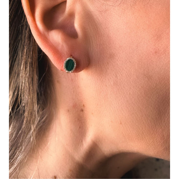 Malachite Oval Studs & Diamond Earrings with 14K Yellow Gold. Carefully curated designs for everyday. 
