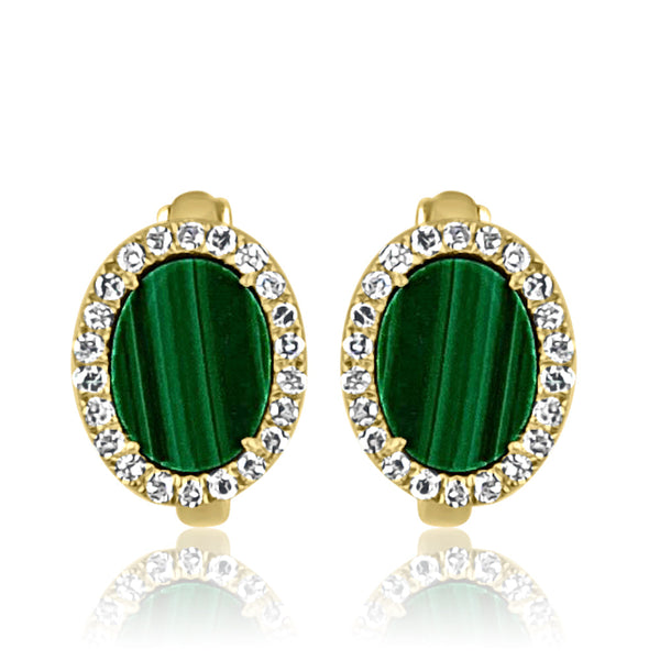 Malachite Oval Studs & Diamond Earrings with 14K Yellow Gold. Carefully curated designs for everyday.   14K Yellow Gold weight: 2.11 grms 44 Diamond: 0.14 ct 2 Malachite Gold Post