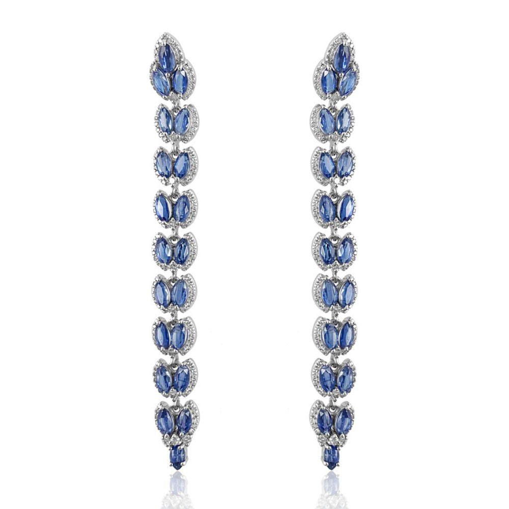 Marquise Kyanite & Diamond Long Vine Earrings  Kyanite: 13.780 ct Diamond: 2.17 ct Silver w/ Rhodium Plated: 13.22 grams 14K Gold Post: 0.18 grams
