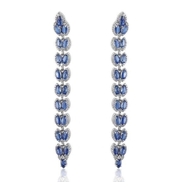 Marquise Kyanite & Diamond Long Vine Earrings  Kyanite: 13.780 ct Diamond: 2.17 ct Silver w/ Rhodium Plated: 13.22 grams 14K Gold Post: 0.18 grams