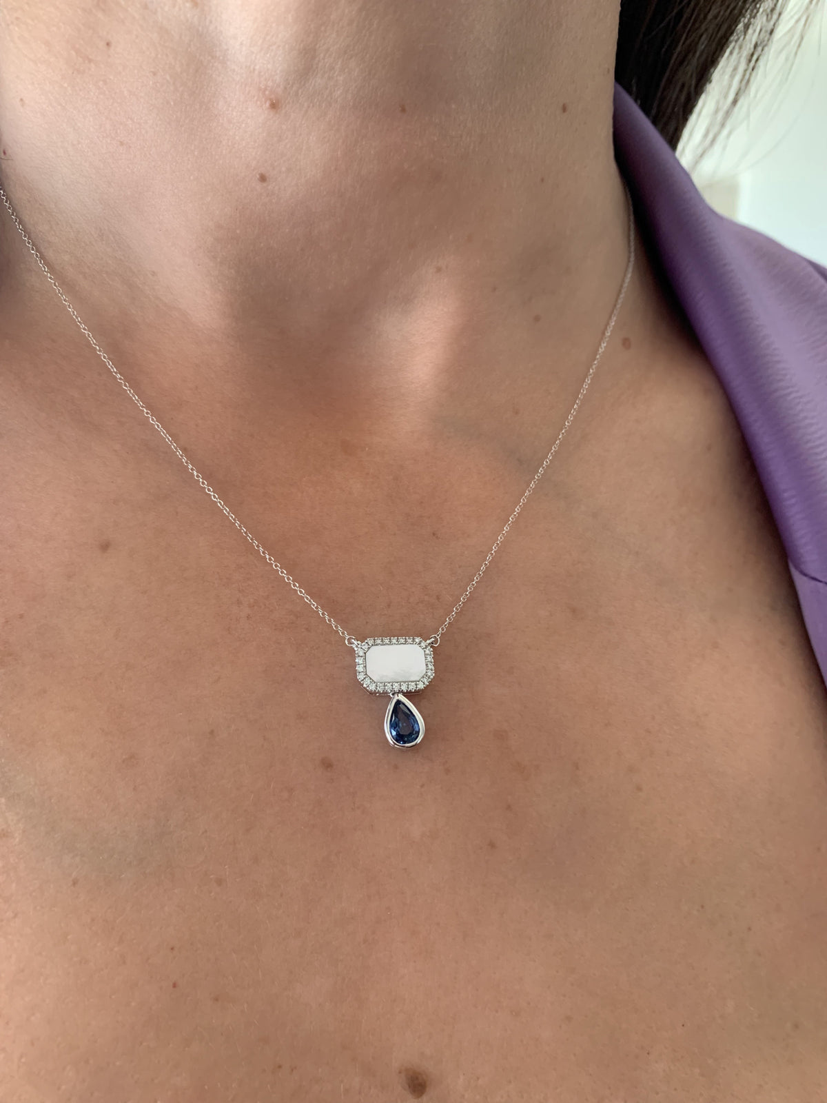 Rectangle Mother of Pearl with Drop Blue Sapphire & Diamond Pendant on 18K White Gold Necklace. Carefully curated into the Modern Designs Collection. 