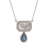 Mother of Pearl with Blue Sapphire Pendant.18K White Gold: 2.443 grams Diamond: 0.095 ct Blue Sapphire: 0.568 ct Mother of Pearl: 0.62 ct Chain