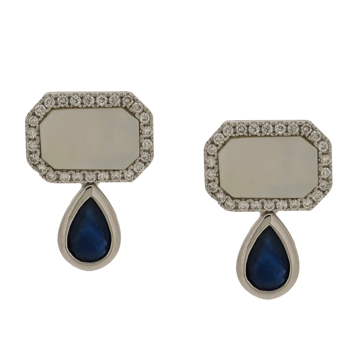 Mother of Pearl with Diamond & Blue Sapphire Drop Earrings.18K White Gold: 3.483 grams Diamond: 0.191 ct Blue Sapphire: 1.092 ct Mother of Pearl: 1.25 ct