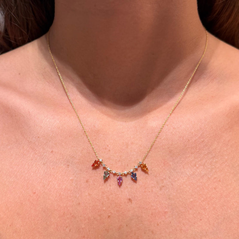 Multicolor Sapphire Arrows on 18K Yellow Gold Necklace