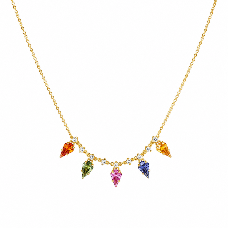 Multicolor Sapphire Arrows on 18K Yellow Gold Necklace