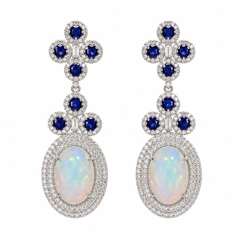 Opal & Blue Sapphire with Diamond Long Earrings