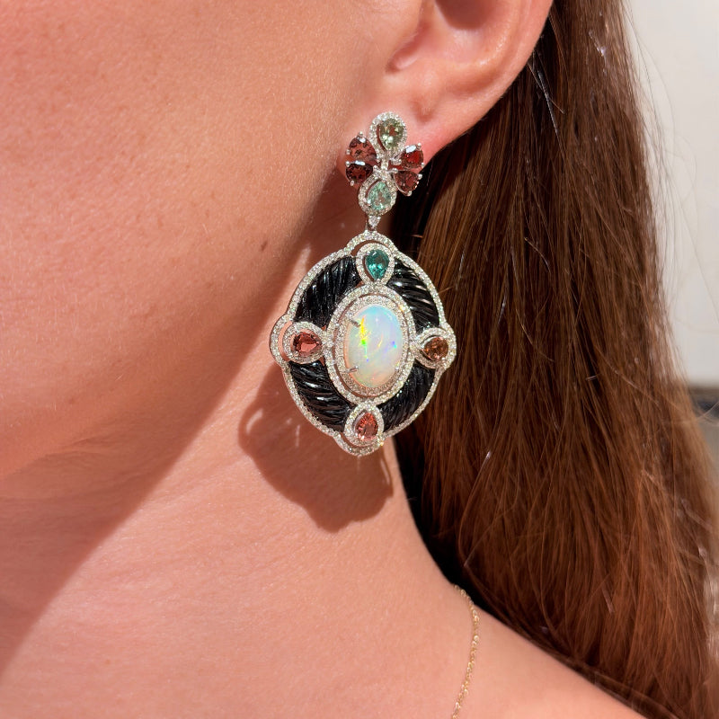 Opal with Multi Tourmaline, Black Onyx & Diamond Earrings