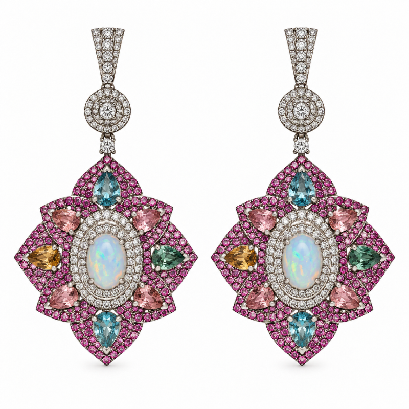 Aretes de ópalo con multi turmalina y diamantes 