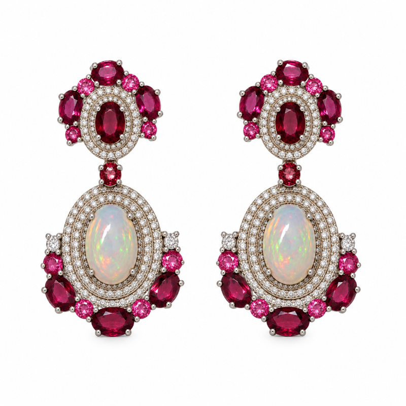 Aretes de ópalo con rubíes redondos, turmalina y diamantes 