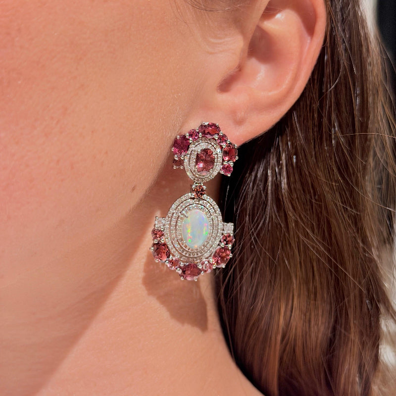 Opal with Tourmaline, Round Rubies & Diamond Earrings