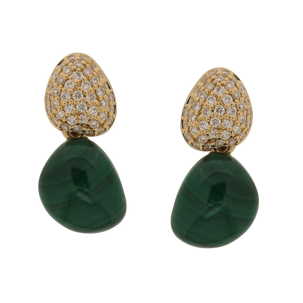 Oval Malachite & Diamond Earrings with 18K Yellow Gold. Carefully curated into the Modern Designs. 18K Yellow Gold: 2.77 grams Diamond: 0.392 ct Malachite: 8.36 ct Gold Post