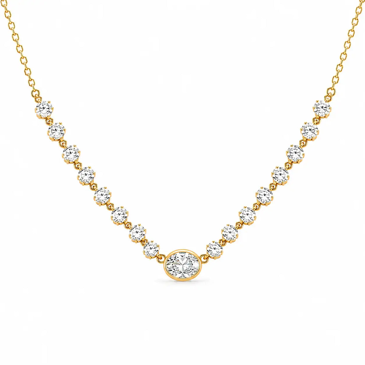 14k gold necklace with rounded diamonds and oval diamond bezel east west on center