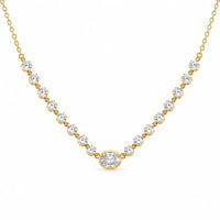14k gold necklace with rounded diamonds and oval diamond bezel east west on center