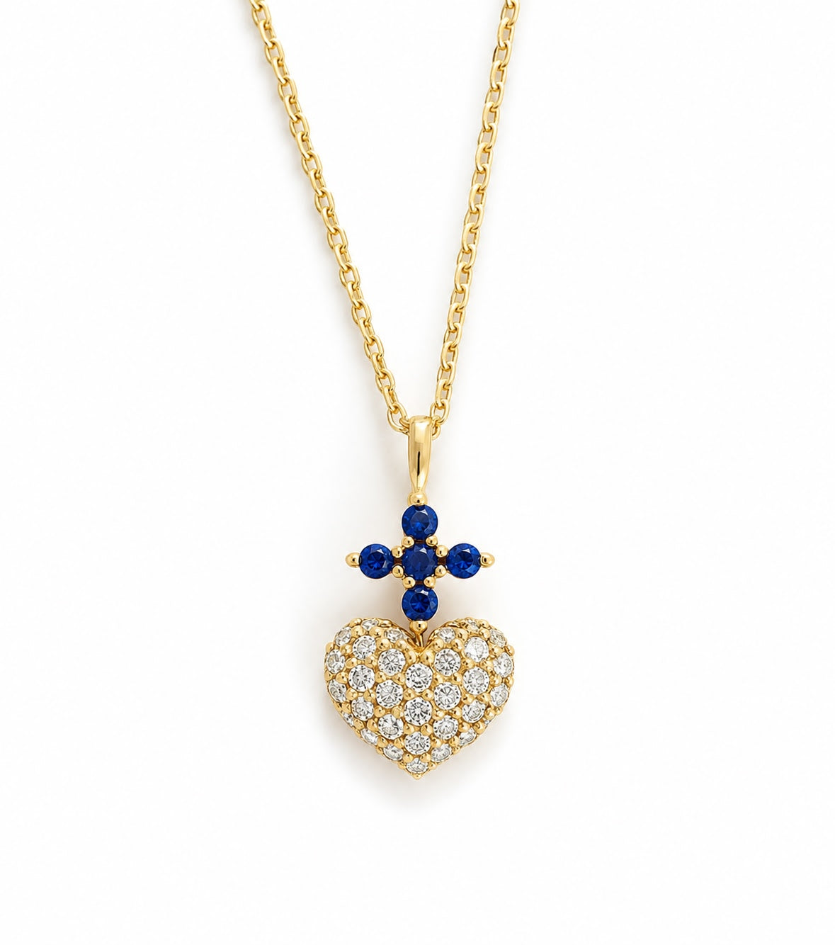 Sacred Heart Sapphire with Cross of Diamonds Necklaces