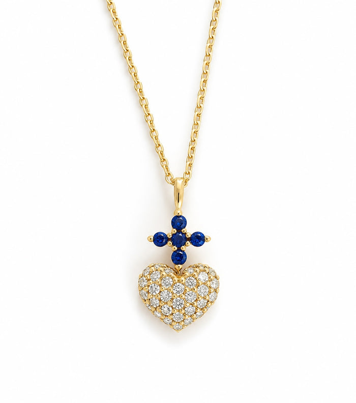 Sacred Heart Sapphire with Cross of Diamonds Necklaces