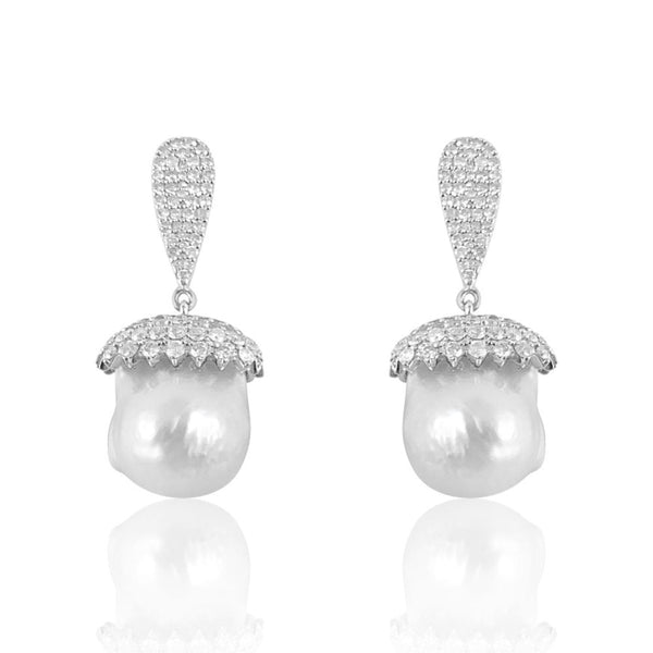 Paved Diamond & Baroque Pearl Earrings Baroque Pearl: 39.51 Diamond: 2.17 ct Silver with Rhodium  Plated: 5.35 g Gold Post: 0.18 g