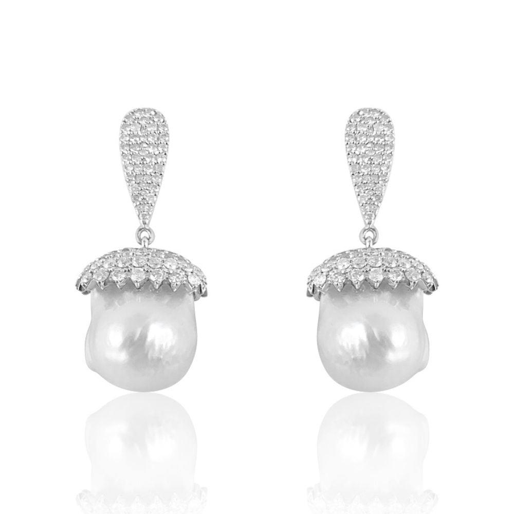 Paved Diamond & Baroque Pearl Earrings Baroque Pearl: 39.51 Diamond: 2.17 ct Silver with Rhodium  Plated: 5.35 g Gold Post: 0.18 g