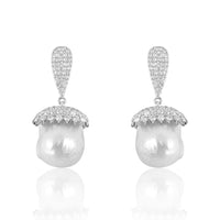 Paved Diamond & Baroque Pearl Earrings Baroque Pearl: 39.51 Diamond: 2.17 ct Silver with Rhodium  Plated: 5.35 g Gold Post: 0.18 g