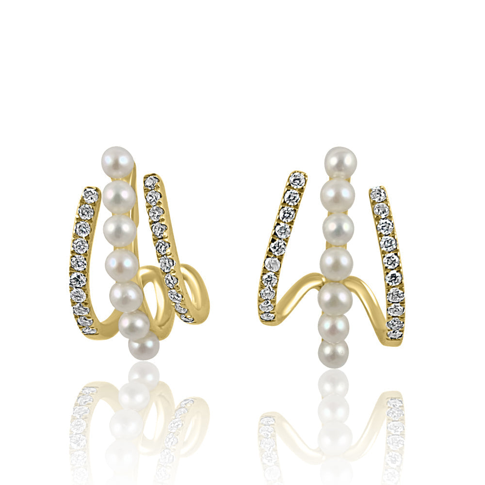  Hoop Earrings, elegant for everyday.  14K Yellow Gold  Diamond Pearl Gold Post