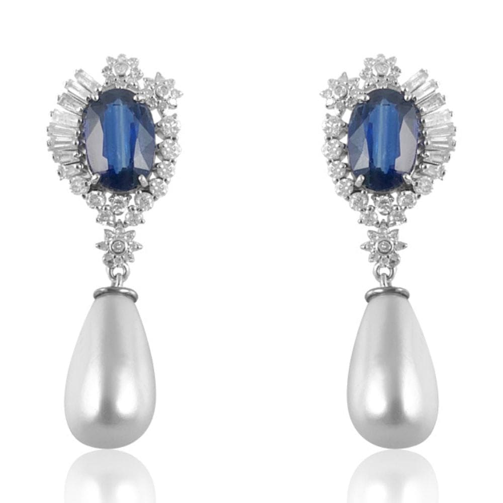 Pearl Drop with Kyanite & Diamond Earrings.  Pearl: 24.0 Kyanite: 7.970 ct Diamond: 1.74 ct Silver with Rhodium Plated: 4.06 grams Gold Post: 0.18 grams