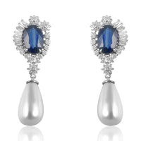 Pearl Drop with Kyanite & Diamond Earrings.  Pearl: 24.0 Kyanite: 7.970 ct Diamond: 1.74 ct Silver with Rhodium Plated: 4.06 grams Gold Post: 0.18 grams