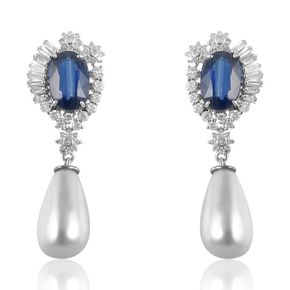 Pearl Drop with Kyanite & Diamond Earrings.  Pearl: 24.0 Kyanite: 7.970 ct Diamond: 1.74 ct Silver with Rhodium Plated: 4.06 grams Gold Post: 0.18 grams