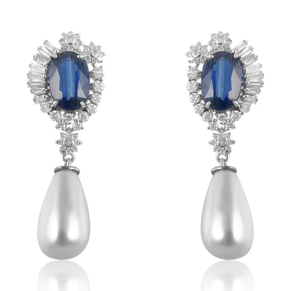 Pearl Drop with Kyanite & Diamond Earrings.  Pearl: 24.0 Kyanite: 7.970 ct Diamond: 1.74 ct Silver with Rhodium Plated: 4.06 grams Gold Post: 0.18 grams