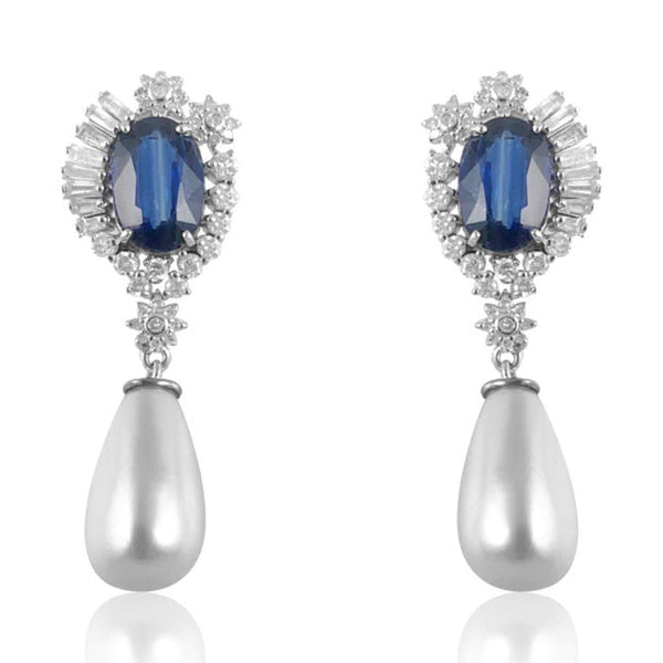 Pearl Drop with Kyanite & Diamond Earrings.  Pearl: 24.0 Kyanite: 7.970 ct Diamond: 1.74 ct Silver with Rhodium Plated: 4.06 grams Gold Post: 0.18 grams