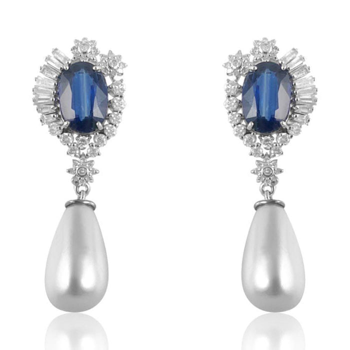 Pearl Drop with Kyanite & Diamond Earrings.  Pearl: 24.0 Kyanite: 7.970 ct Diamond: 1.74 ct Silver with Rhodium Plated: 4.06 grams Gold Post: 0.18 grams
