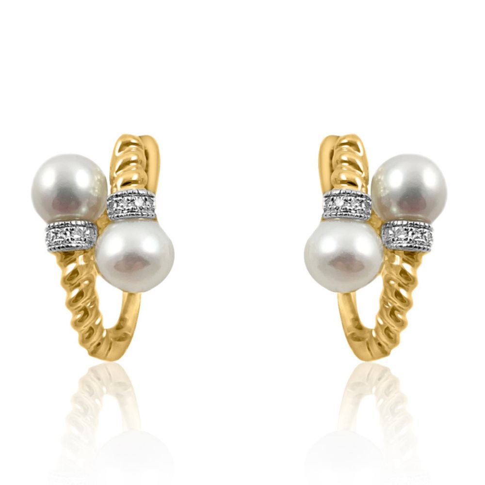 Pearl & Spiral 14K Yellow Gold Earrings.  14K Yellow Gold: 3.73 grams 20 Diamond: 0.05 ct 4 Pearl: 4.54