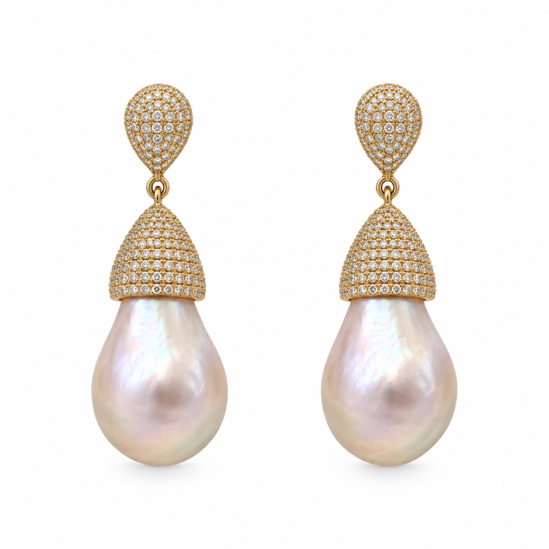 Pink Pearl & Diamond on Yellow Gold Earrings