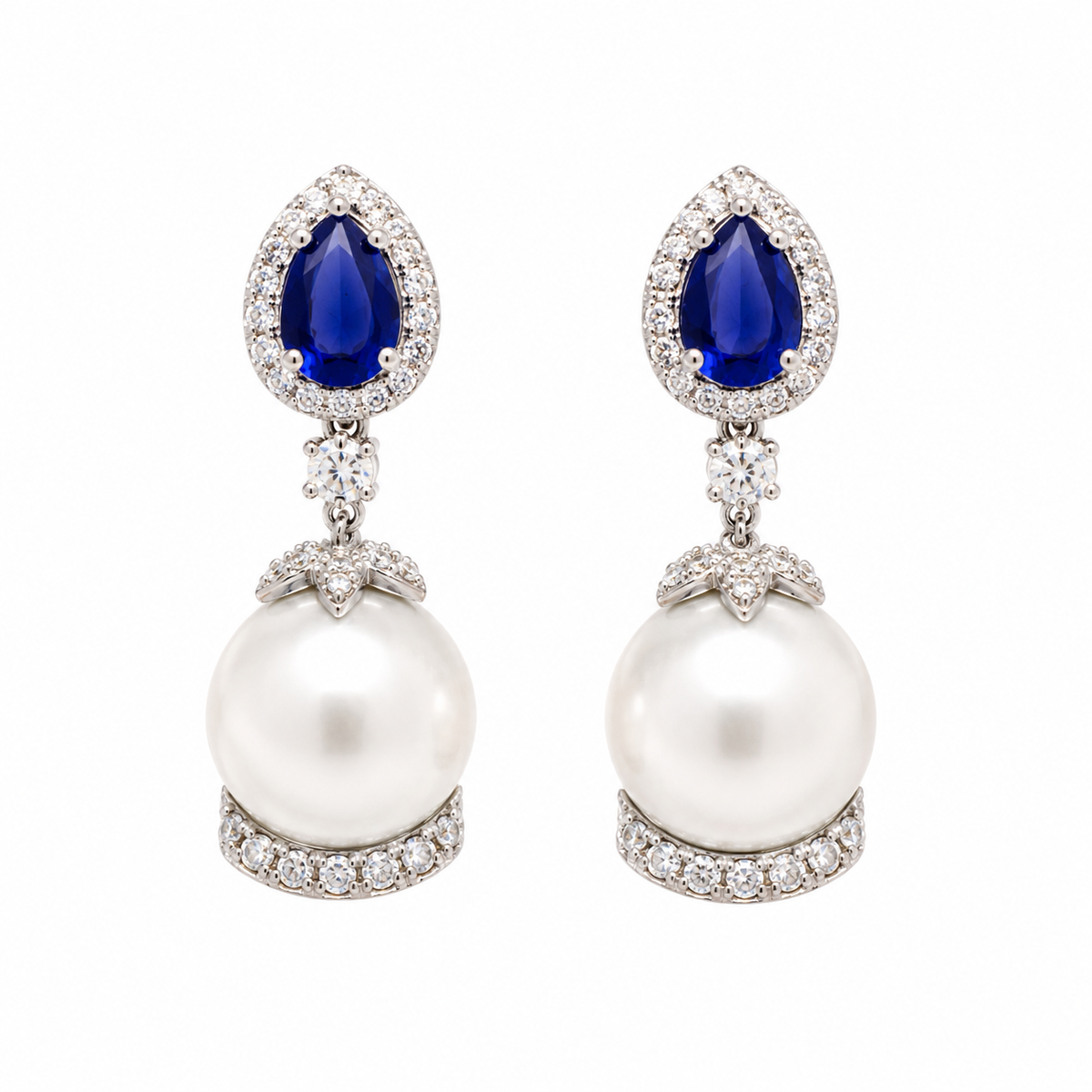 Aretes con perlas, cianita y diamantes