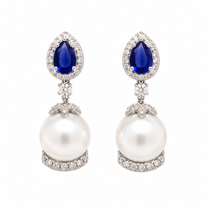 Aretes con perlas, cianita y diamantes