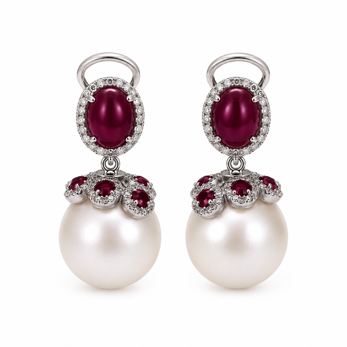 Aretes de diamantes estilo flor con esmeralda y perla