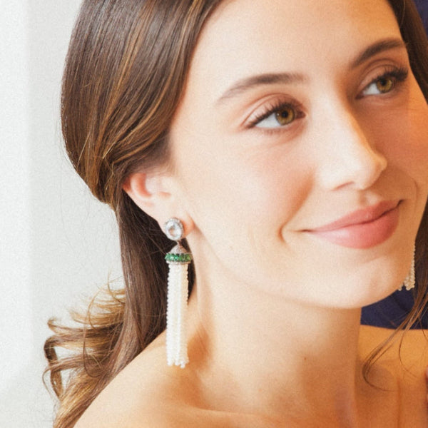 Pearl Tassel with Tsavorite & Aquamarine Earrings