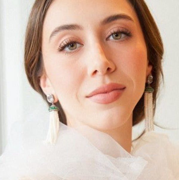 Pearl Tassel with Tsavorite & Aquamarine Earrings