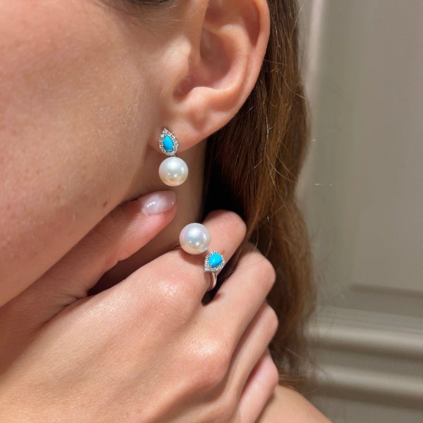 Pearl & Turquoise with Diamonds on Yellow Gold Earrings