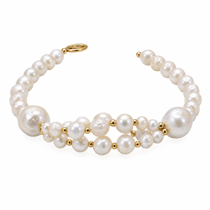 Pearls with Double Line Cuff in 18K Yellow Gold Bead Bracelets
