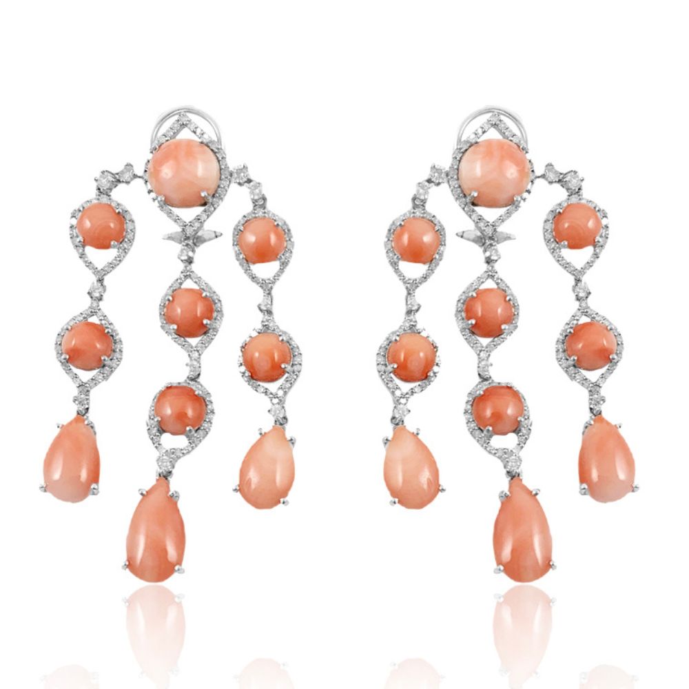 Pink Coral & Diamond Chandelier Earrings, beautiful and elegant.  Pink Coral: 19.970 ct Diamonds: 2.18 ct Silver with Rhodium Plated: 11.67 grams 14K Gold Post: 0.18 grams