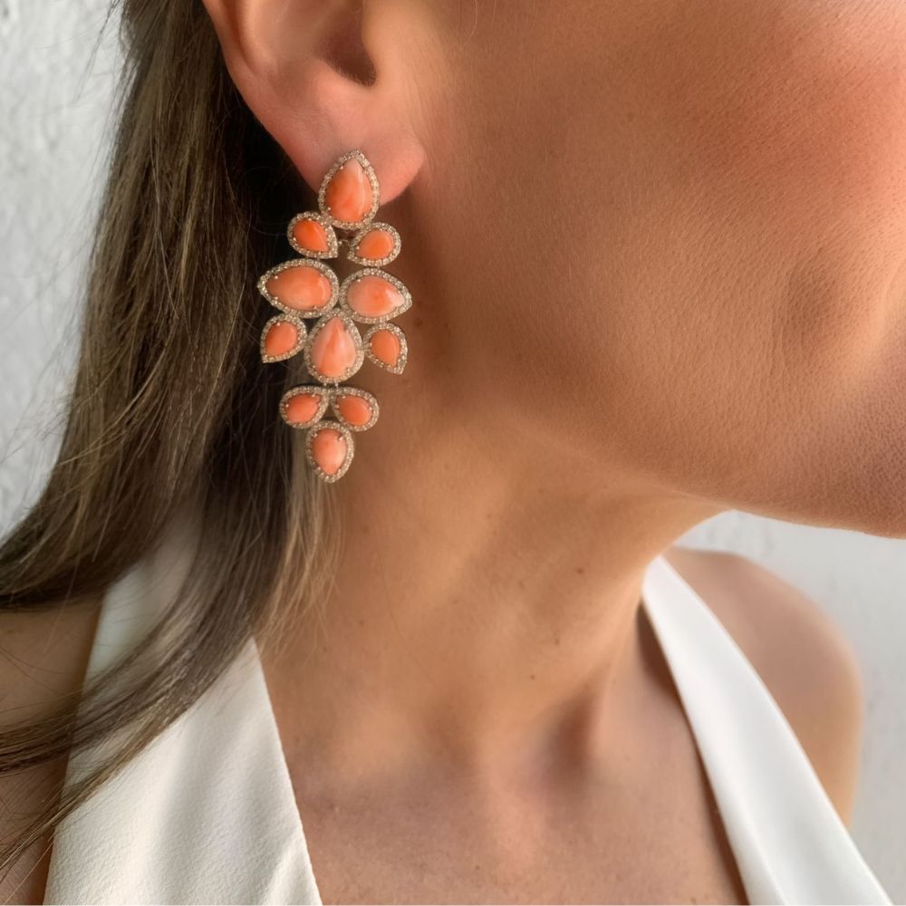  Pink Coral & Diamond Vine Earrings, beautiful and elegant.