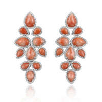  Pink Coral & Diamond Vine Earrings.  Pink Coral: 24.990 ct Diamonds: 3.16 ct Silver with Rhodium Plated: 16.15 grams Gold Post: 0.18 grams