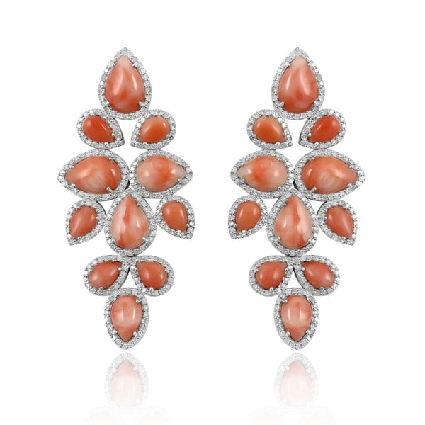  Pink Coral & Diamond Vine Earrings.  Pink Coral: 24.990 ct Diamonds: 3.16 ct Silver with Rhodium Plated: 16.15 grams Gold Post: 0.18 grams