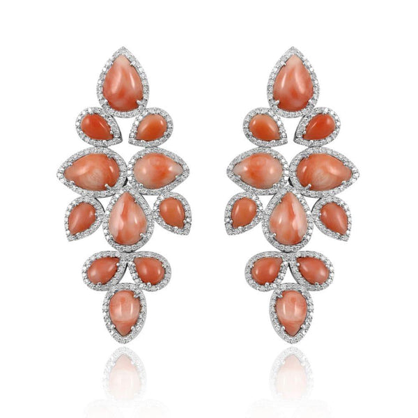  Pink Coral & Diamond Vine Earrings.  Pink Coral: 24.990 ct Diamonds: 3.16 ct Silver with Rhodium Plated: 16.15 grams Gold Post: 0.18 grams