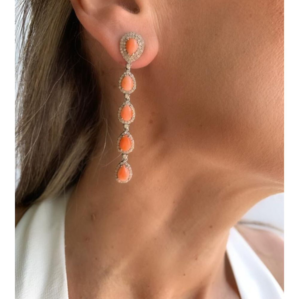 Pink Coral & Diamonds Teardrop Dangle Long Earrings, beautiful and elegant.