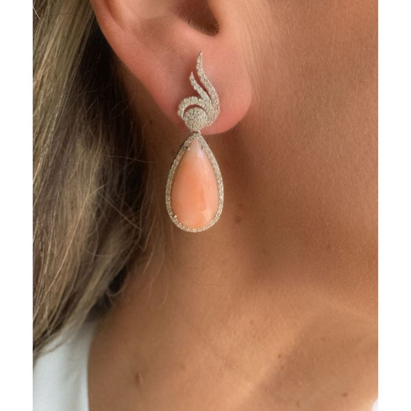 Pink Coral Drop & Diamond Winged Earrings, feminine and elegant.